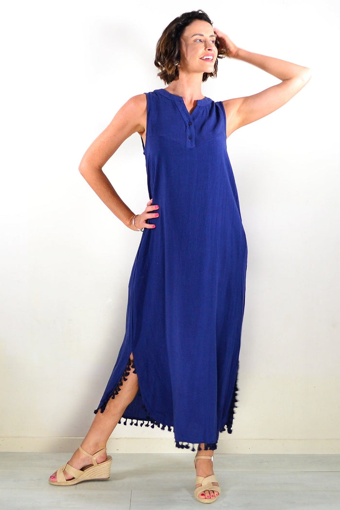 Navy sleeveless maxi dress tunic by Willow Tree, flowing fabric, V-neck style, worn as a casual summer outfit.