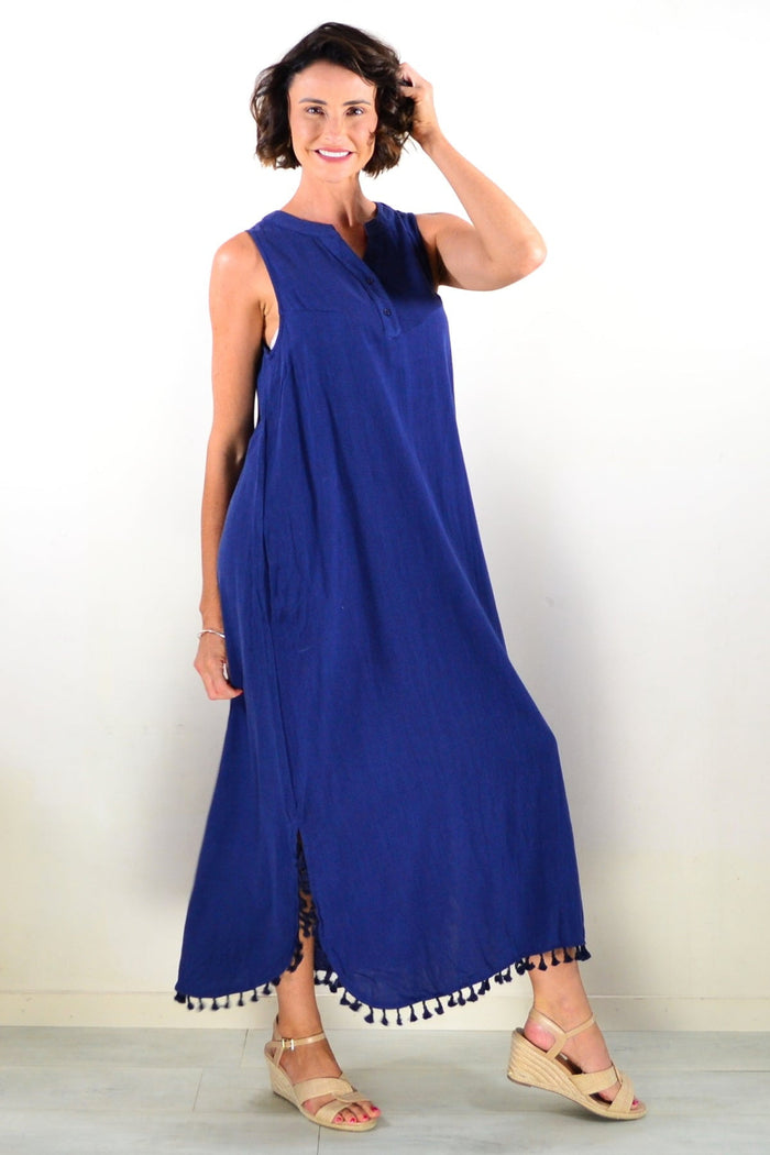 Navy sleeveless maxi dress tunic by Willow Tree, flowing fabric with a relaxed fit, displayed on a mannequin.