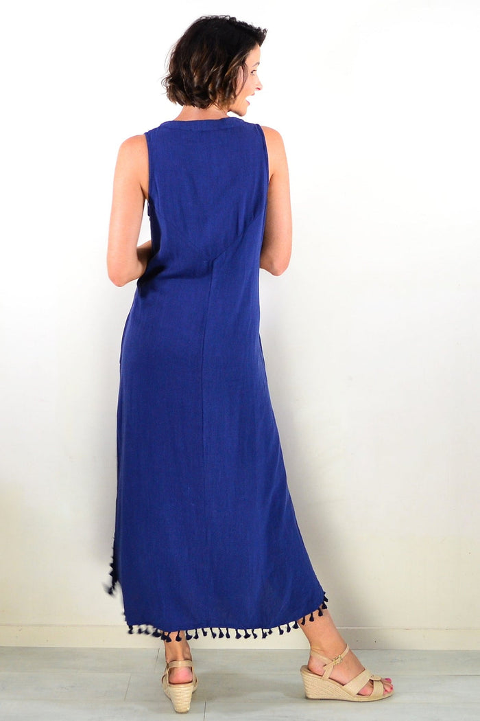 Navy sleeveless maxi dress tunic by Willow Tree, flowing fabric, sleeveless design, perfect for casual or summer wear.
