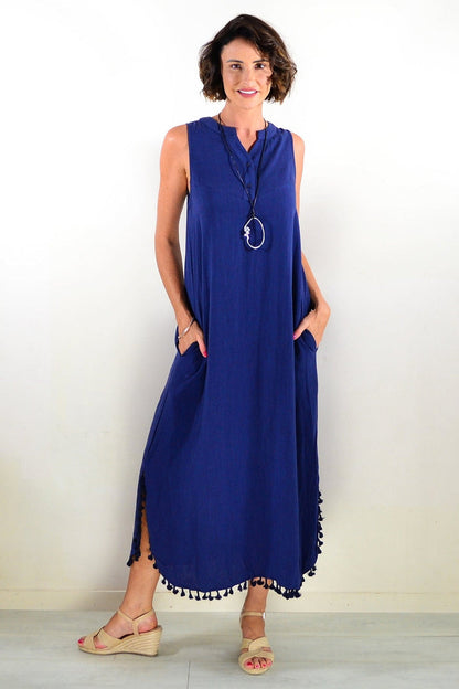 Willow Tree navy sleeveless maxi dress tunic with flowing fabric and simple sleeveless design, displayed flat on a white background.