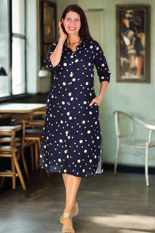 Navy spotted long tunic shirt by La Mode, featuring a relaxed fit, long sleeves, and a stylish pattern suitable for casual wear.