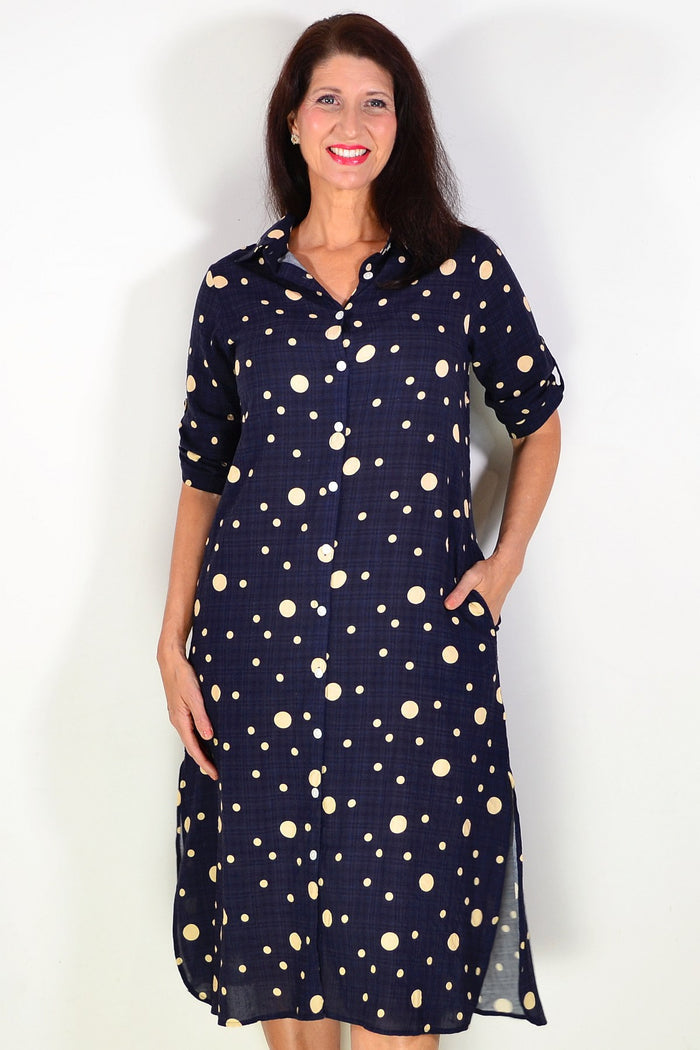 Navy spotted long tunic shirt by La Mode, featuring a relaxed fit and stylish design, displayed on a hanger.
