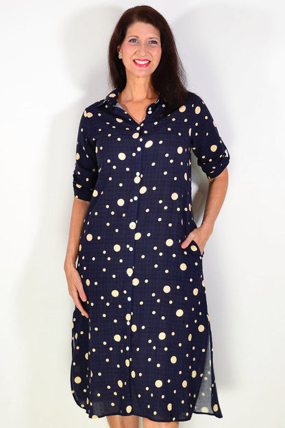 Navy spotted long tunic shirt by La Mode, featuring a relaxed fit and stylish design, displayed on a hanger.