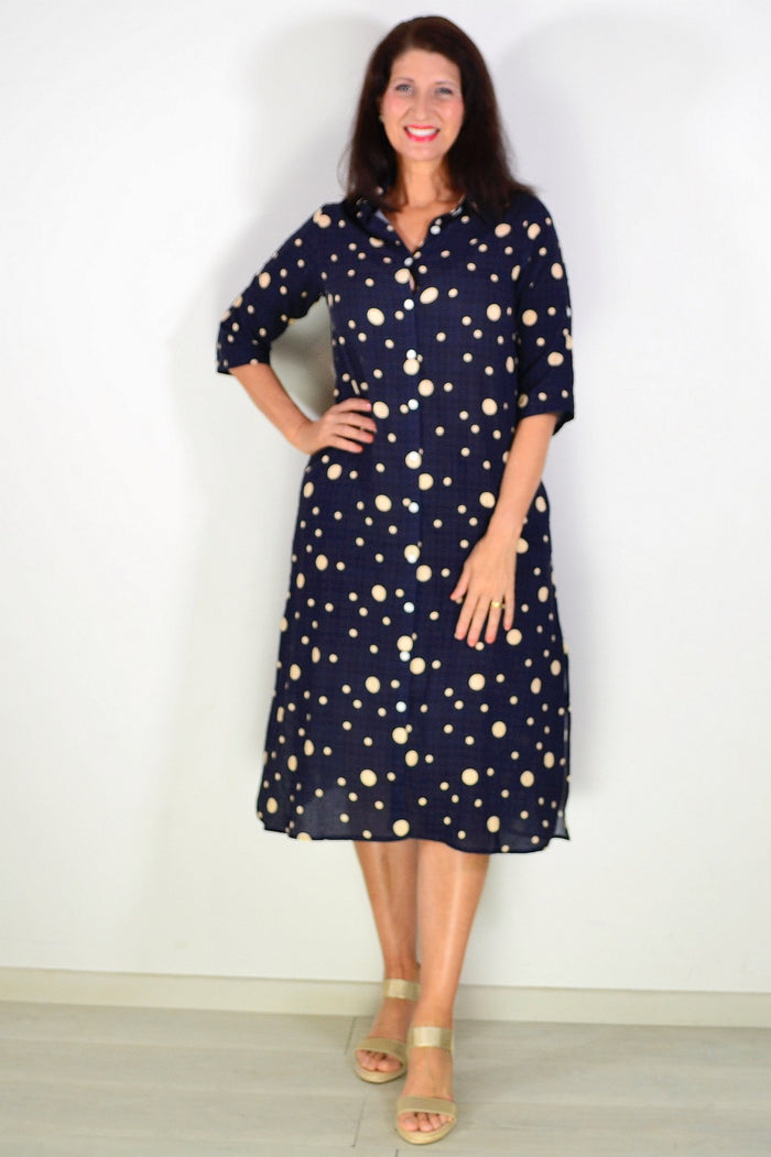 Navy spotted long tunic shirt by La Mode, featuring a relaxed fit and lightweight fabric, displayed on a hanger.