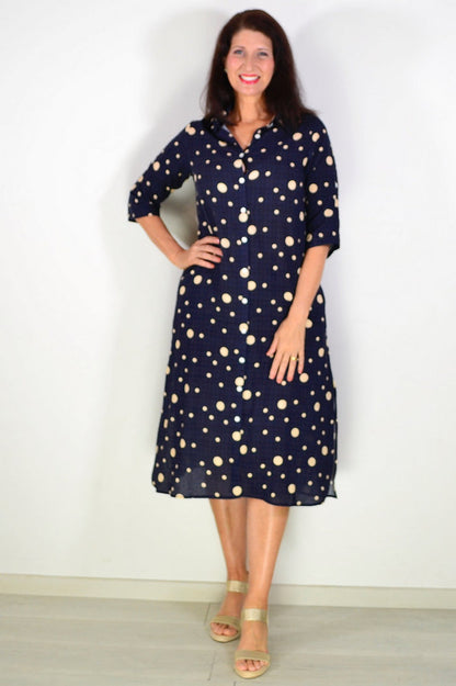 Navy spotted long tunic shirt by La Mode, featuring a relaxed fit and lightweight fabric, displayed on a hanger.