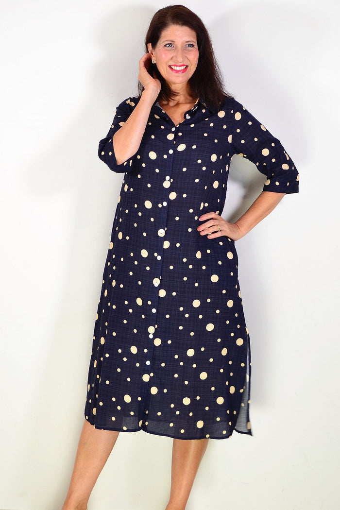 Navy spotted long tunic shirt by La Mode, featuring a relaxed fit with long sleeves and a stylish, casual design.