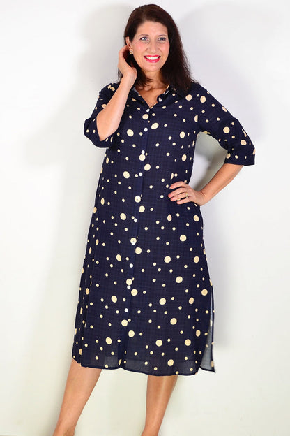 Navy spotted long tunic shirt by La Mode, featuring a relaxed fit with long sleeves and a stylish, casual design.