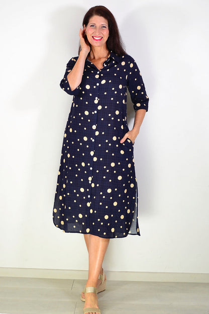 Navy spotted long tunic shirt from La Mode featuring a relaxed fit and stylish design, perfect for casual or chic outfits.