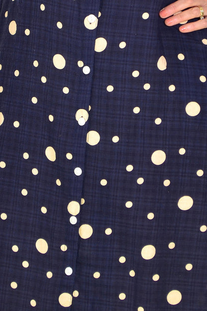 Navy spotted long tunic shirt by La Mode featuring a relaxed fit and classic design, displayed on a hanger.