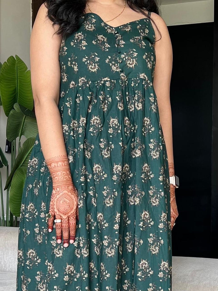 Nayra Noodle Strap Dress- Dark Green Booti
