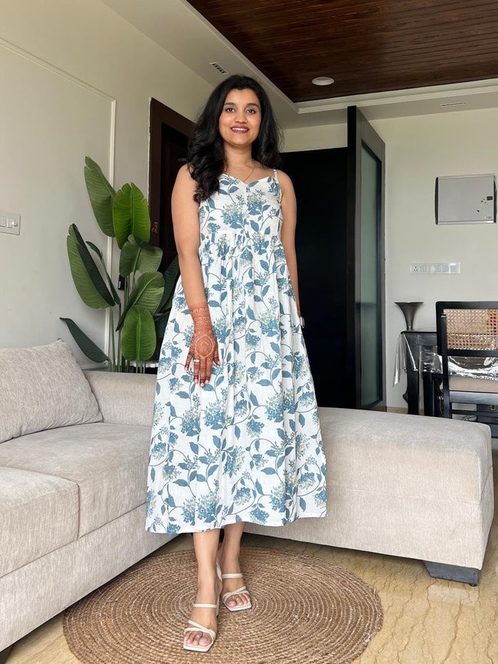 Nayra Noodle Strap Dress- White Blue Florals