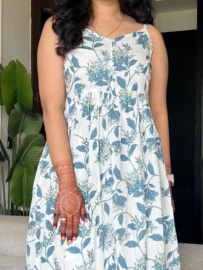 Nayra Noodle Strap Dress- White Blue Florals