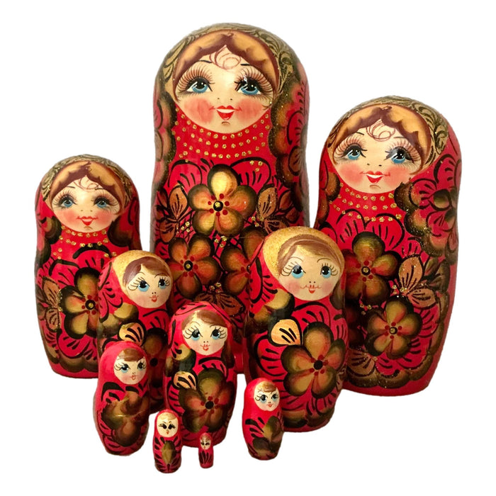 Nesting Dolls Large 10 Piece Set Blue Gold Flowers BuyRussianGifts Store