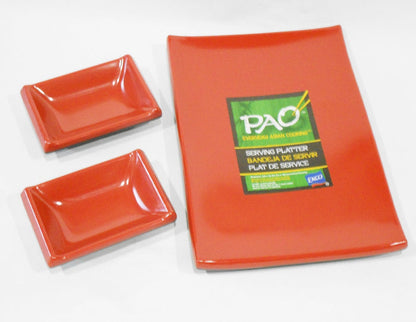❤️ NEW 3-pc PAO! ASIAN Sushi Sauce Dip Dishes & Serve Platter RED BLACK Melamine