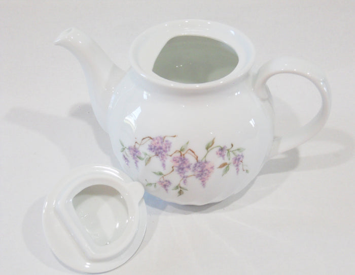 *New CORELLE Porcelain WISTERIA SET 1-Qt TEAPOT Purple Floral & Vines White Swirls