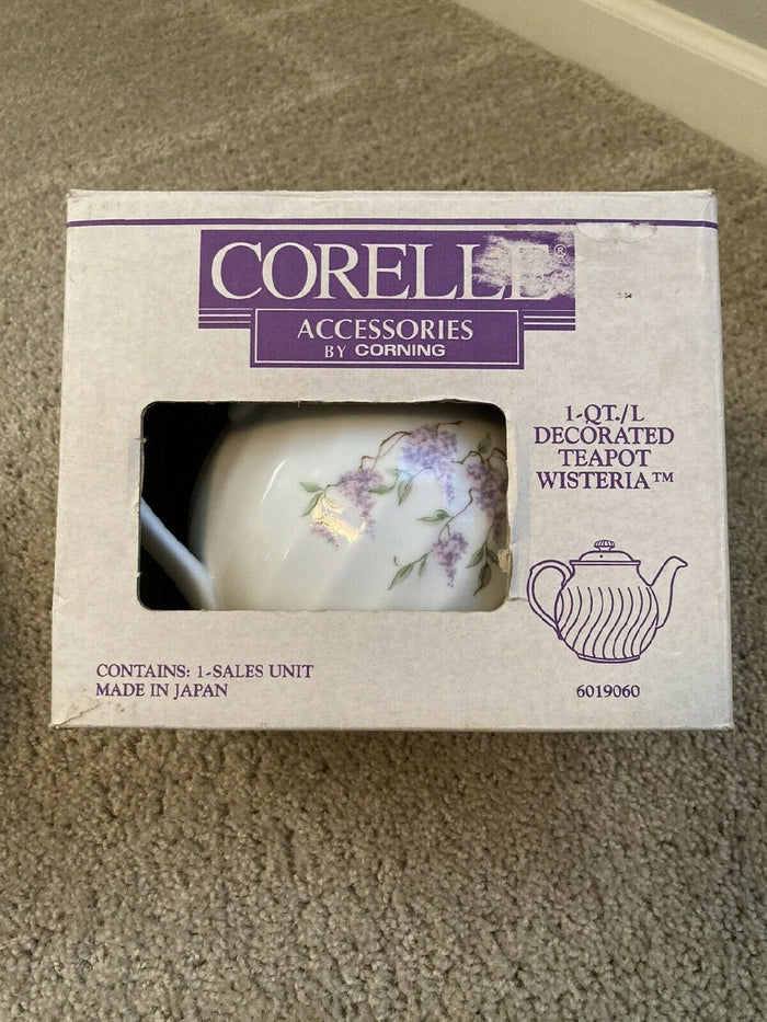 *New CORELLE Porcelain WISTERIA SET 1-Qt TEAPOT Purple Floral & Vines White Swirls