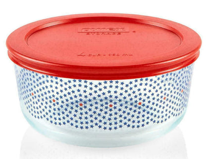 ❤️ New PYREX 4 Cup RED BLUE American Patriotic Storage Bowl STAR SWIRLS