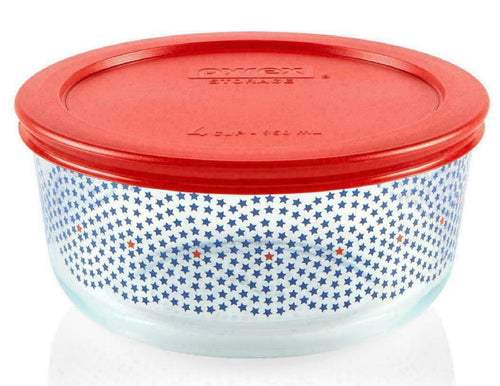 ❤️ New PYREX 4 Cup RED BLUE American Patriotic Storage Bowl STAR SWIRLS