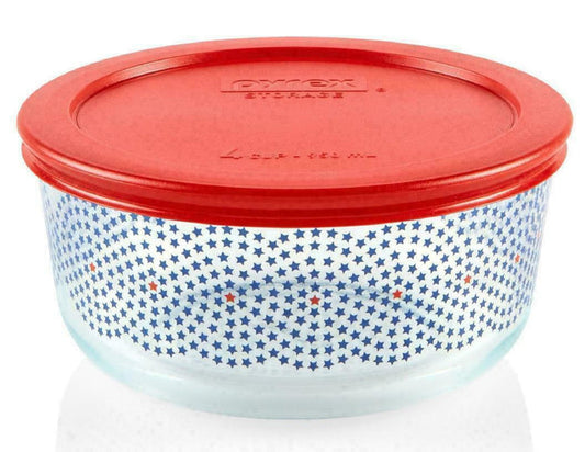 ❤️ New PYREX 4 Cup RED BLUE American Patriotic Storage Bowl STAR SWIRLS