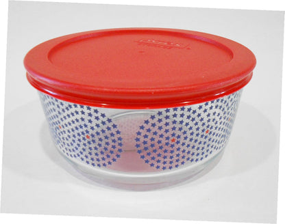 ❤️ New PYREX 4 Cup RED BLUE American Patriotic Storage Bowl STAR SWIRLS