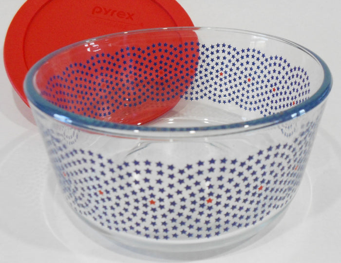❤️ New PYREX 4 Cup RED BLUE American Patriotic Storage Bowl STAR SWIRLS