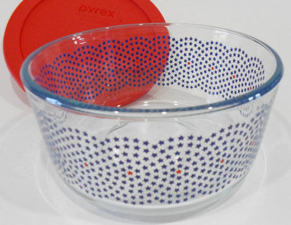 ❤️ New PYREX 4 Cup RED BLUE American Patriotic Storage Bowl STAR SWIRLS