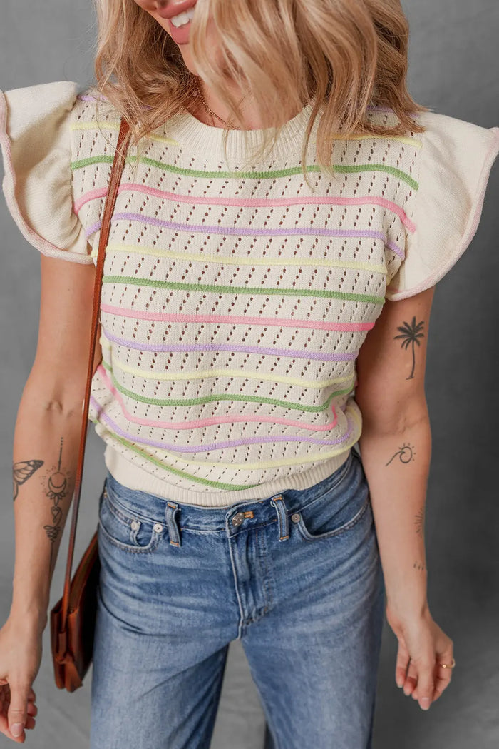 Oatmeal Colourful Striped Eyelet Knit Ruffled Sleeve Sweater T Shirt - S / 52% Viscose + 26% Polyester + 22% Polyamide