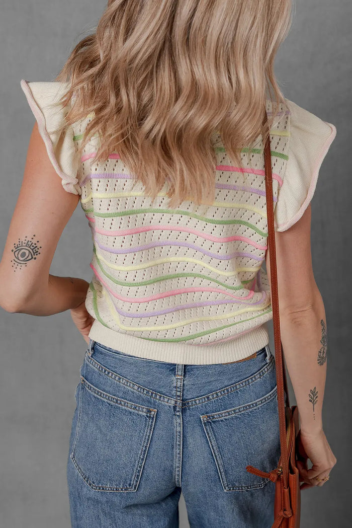Oatmeal Colourful Striped Eyelet Knit Ruffled Sleeve Sweater T Shirt - Sweaters & Cardigans/Short