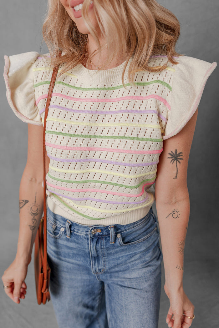 Oatmeal Colourful Striped Eyelet Knit Ruffled Sleeve Sweater T Shirt - Sweaters & Cardigans/Short