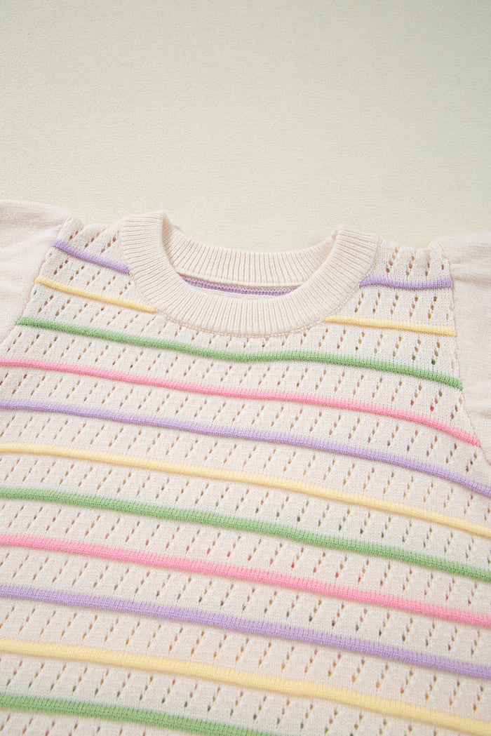 Oatmeal Colourful Striped Eyelet Knit Ruffled Sleeve Sweater T Shirt - Sweaters & Cardigans/Short