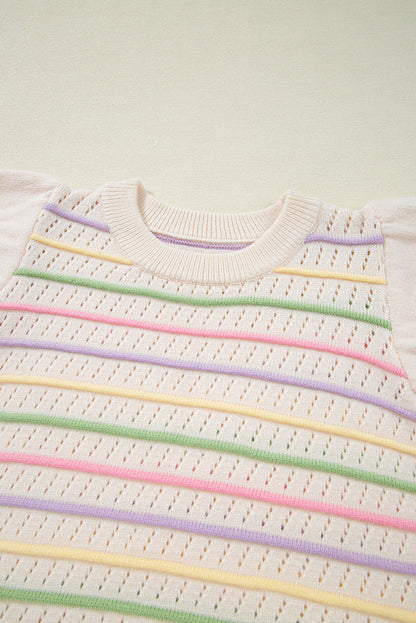 Oatmeal Colourful Striped Eyelet Knit Ruffled Sleeve Sweater T Shirt - Sweaters & Cardigans/Short