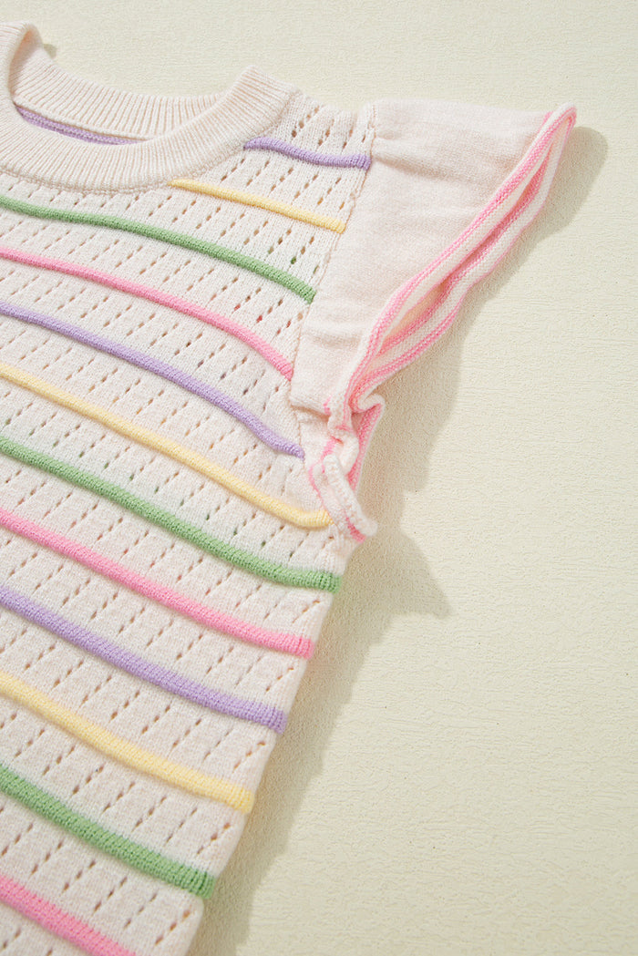 Oatmeal Colourful Striped Eyelet Knit Ruffled Sleeve Sweater T Shirt - Sweaters & Cardigans/Short