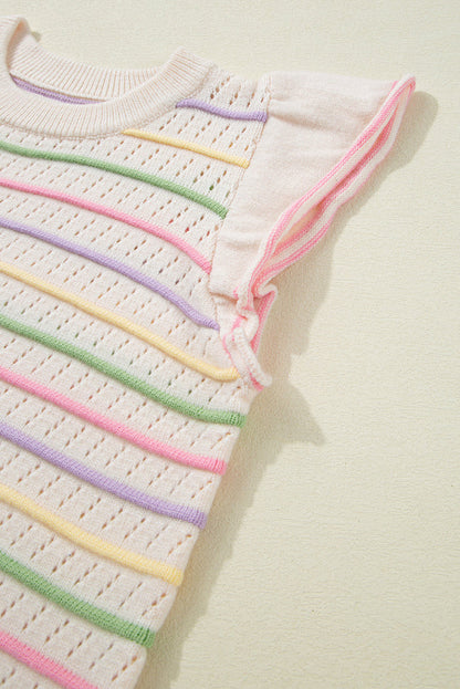 Oatmeal Colourful Striped Eyelet Knit Ruffled Sleeve Sweater T Shirt - Sweaters & Cardigans/Short