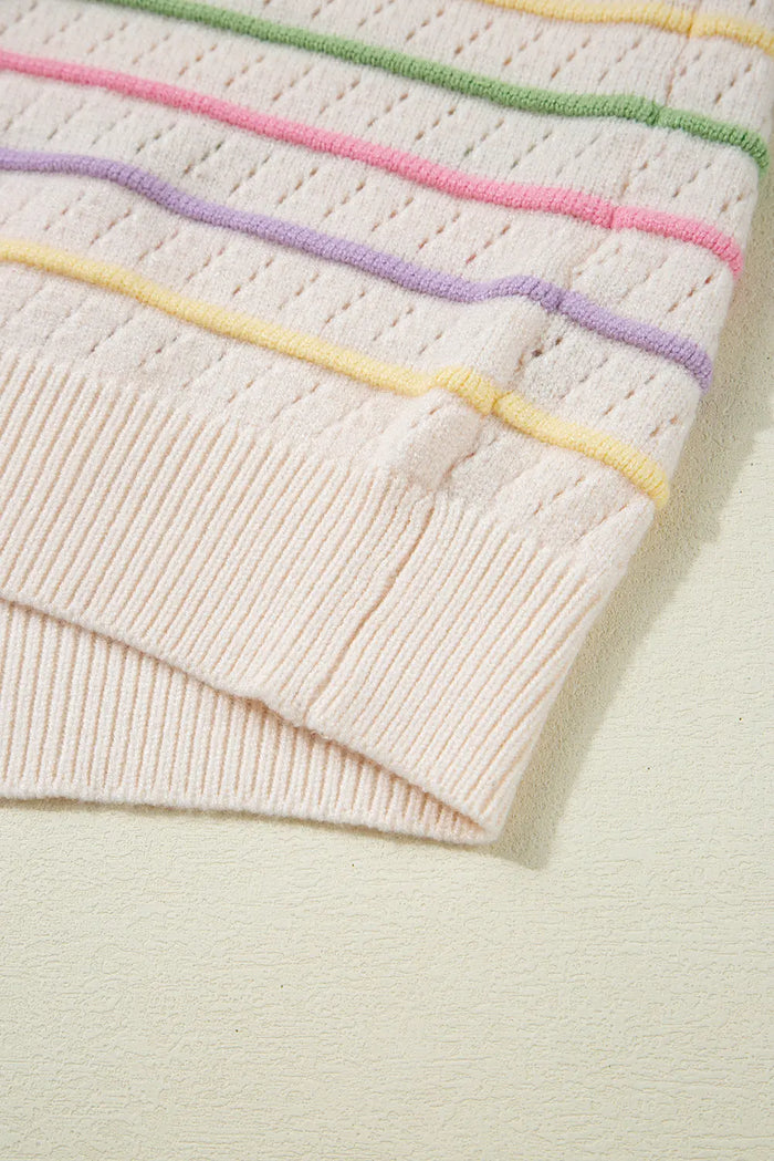 Oatmeal Colourful Striped Eyelet Knit Ruffled Sleeve Sweater T Shirt - Sweaters & Cardigans/Short