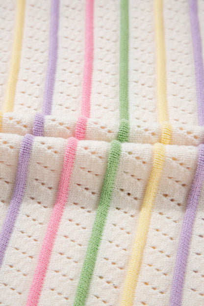 Oatmeal Colourful Striped Eyelet Knit Ruffled Sleeve Sweater T Shirt - Sweaters & Cardigans/Short