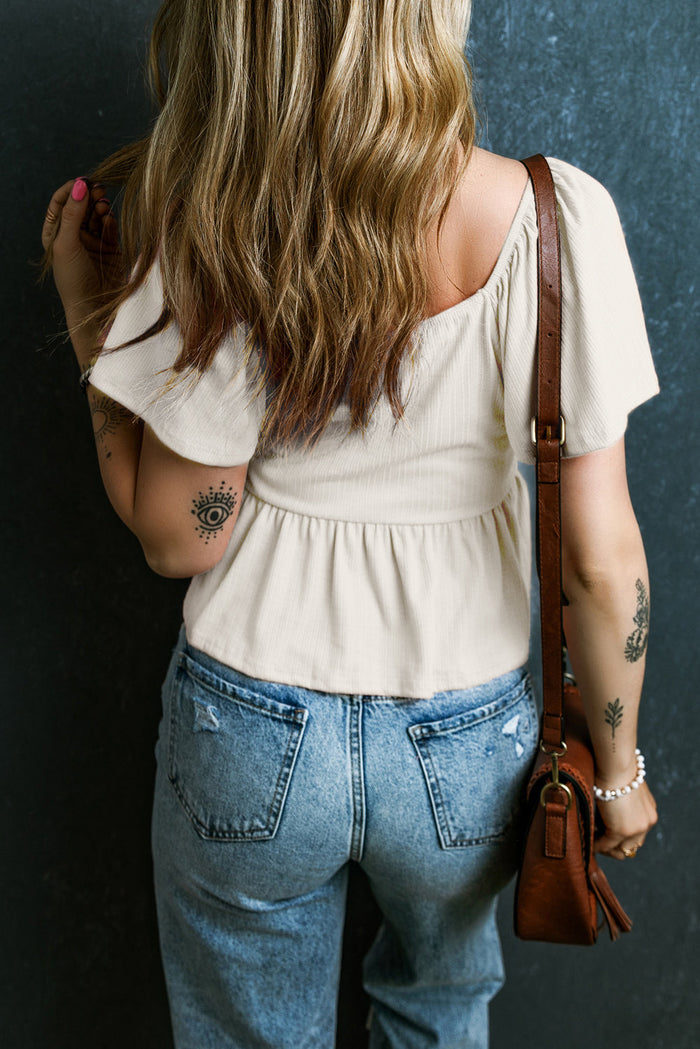 Oatmeal Shirred V Neck Short Flutter Sleeve Textured Blouse - Tops/Blouses & Shirts