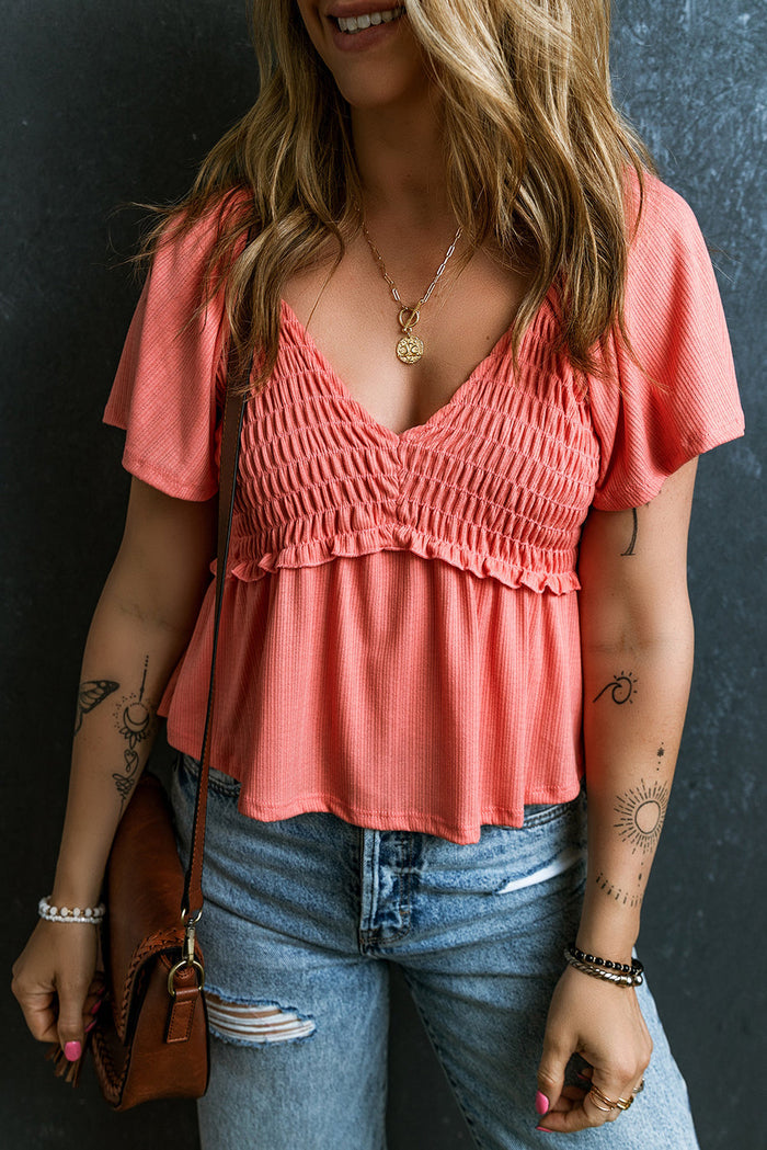 Oatmeal Shirred V Neck Short Flutter Sleeve Textured Blouse - TOMATO RED / S / 95% POLYESTER + 5% ELASTANE