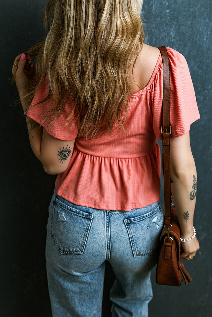 Oatmeal Shirred V Neck Short Flutter Sleeve Textured Blouse - Tops/Blouses & Shirts