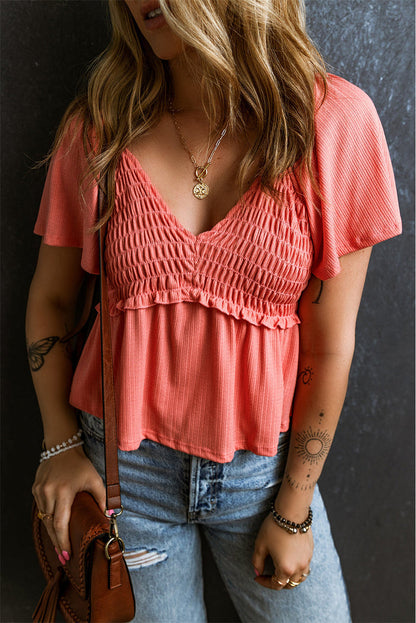 Oatmeal Shirred V Neck Short Flutter Sleeve Textured Blouse - Tops/Blouses & Shirts
