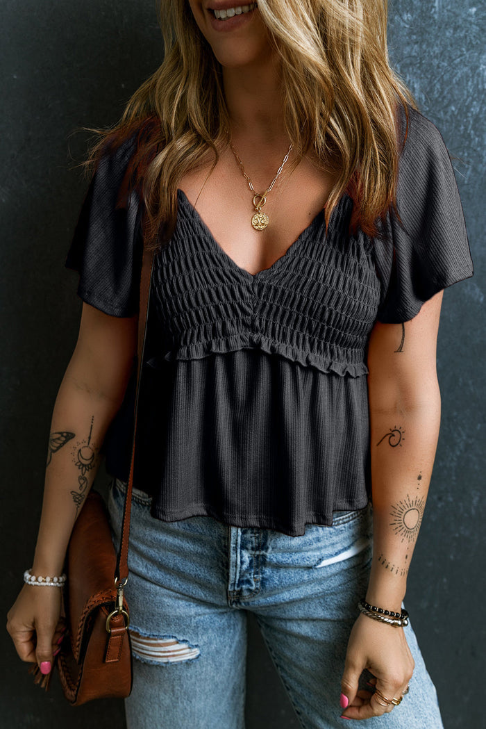 Oatmeal Shirred V Neck Short Flutter Sleeve Textured Blouse - Tops/Blouses & Shirts