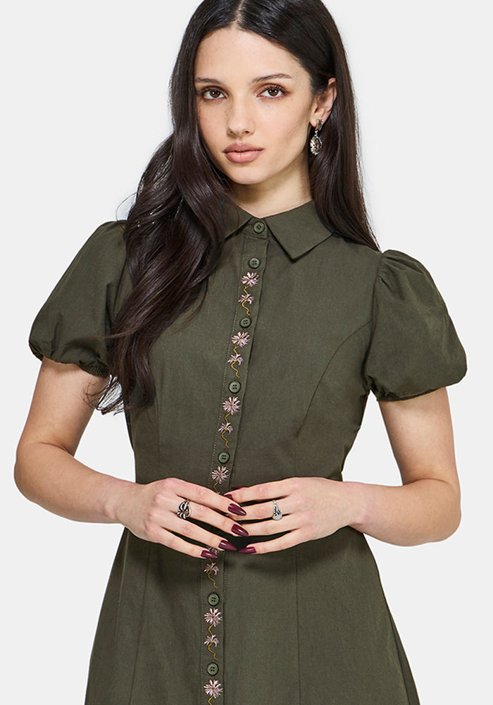 Odile Embroidered Button Down Tie Waist Midaxi Dress