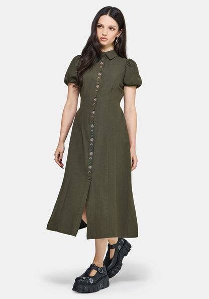 Odile Embroidered Button Down Tie Waist Midaxi Dress