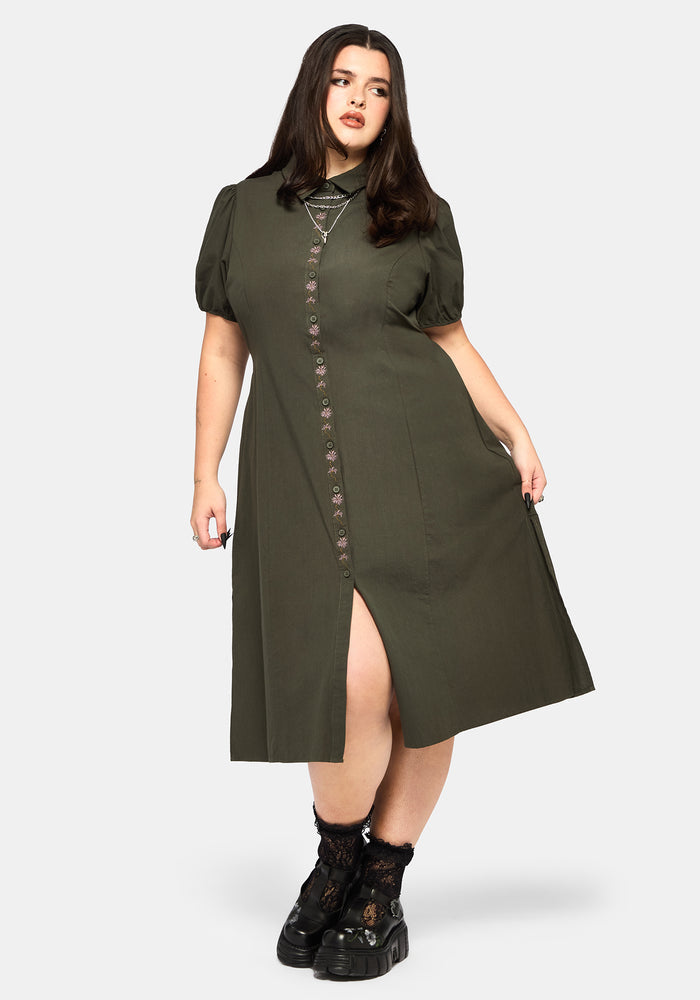 Odile Embroidered Button Down Tie Waist Midaxi Dress