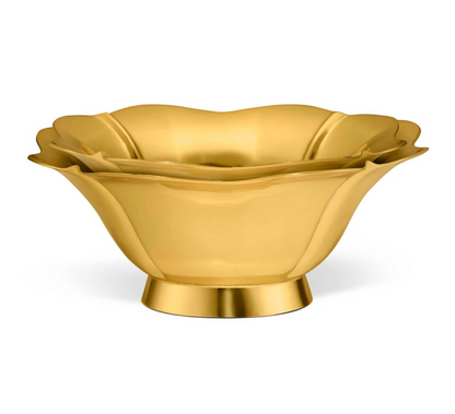The Olivia Nesting Bowls Set of 2 by Aerin features gold-toned, flower-shaped brass bowls with wavy rims and small round bases, ideal as Art Deco accents or stylish desk organizers, shown on a plain white background.