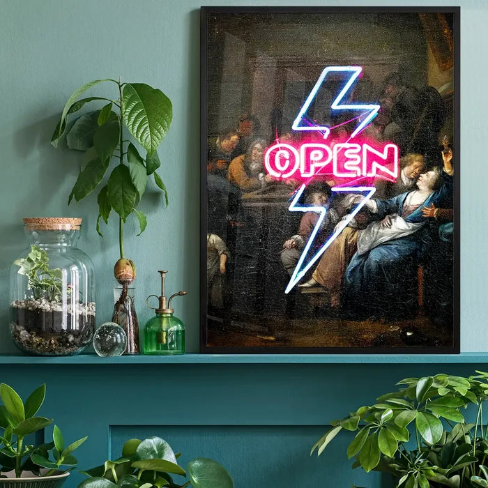 Open Tavern Neon Sign Style Print, quirky altered art print black framed on a living room shelf
