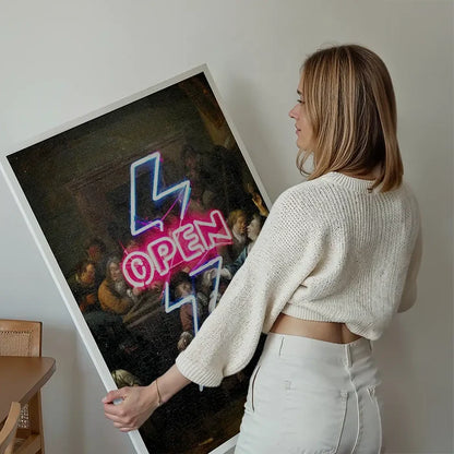 Open Tavern Neon Sign Style Print held up against a living room wall
