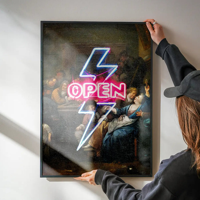 Open Tavern Neon Sign Style Print being hung on a wall in a black frame