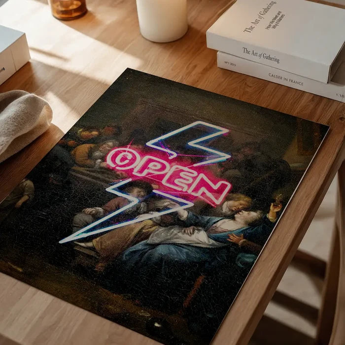 Open Tavern Neon Sign Style Print, quirky altered art print unframed on a home office desk