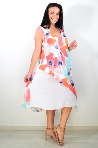 Bright orange Aqua sleeveless summer tunic dress by Sunshine, showcasing lightweight fabric and relaxed fit for warm weather.