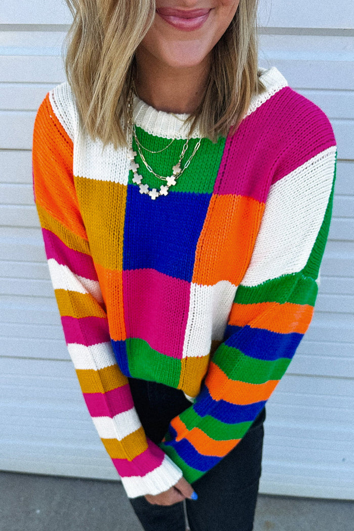 Orange Checkered Colour Block Round Neck Loose Sweater - S / 55% Acrylic + 45% Cotton - Sweaters & Cardigans/Sweaters